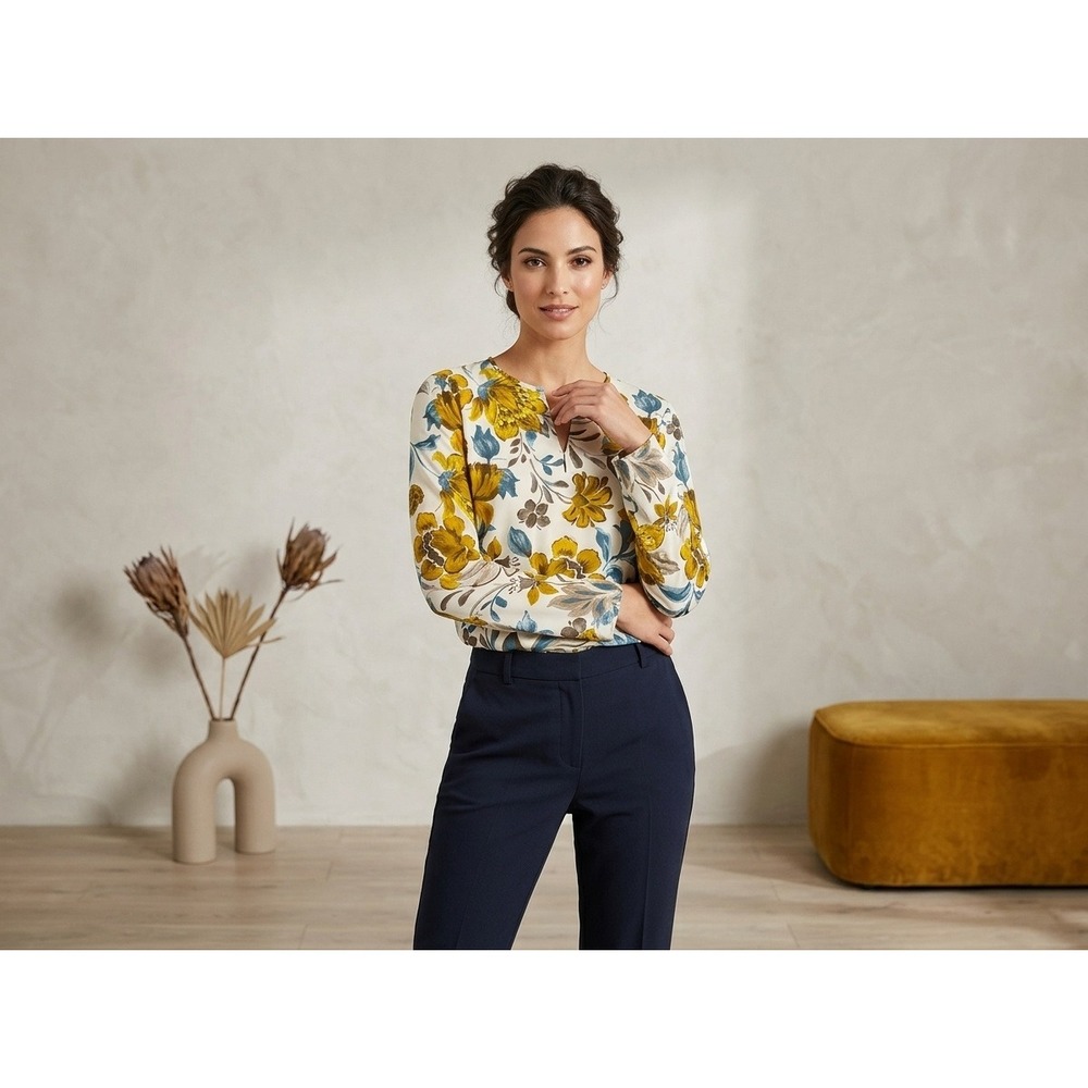 Zara Basic Womens Blouse Floral Long Sleeve Blouse Mustard Blue Cream Size M